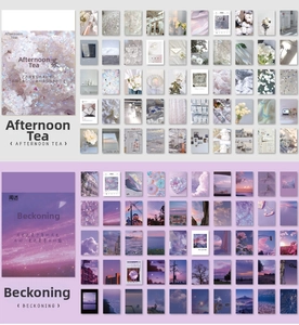 Detail of artistic sticker collection featuring afternoon tea and moon poetry themes