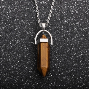 Tiger eye hexagonal crystal pendant necklace with polished silver chain for men and women