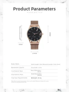 Détail de montre quartz or rose avec bracelet magnétique et cadran noir élégant