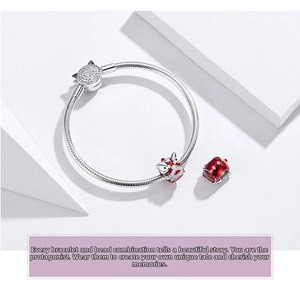 Detailed view of 925 silver snake bone bracelet with red enamel lion dance charms