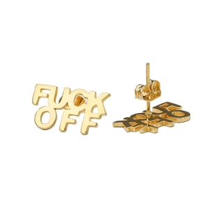 Polished rose gold stud earrings featuring a bold 'FUCK OFF' lettering design for women