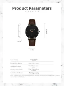 Detailed specs of Geneva quartz watch with brown leather strap and black dial