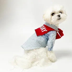 Blue striped dog shirt with red knitted DAY scarf for small dogs on Maltese dog