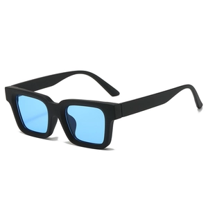 Retro square frame sunglasses with black matte frames and vibrant blue tinted lenses