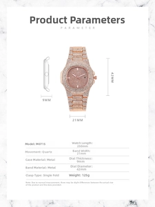 Detailed dimension guide for full diamond rose gold quartz watch with octagonal bezel