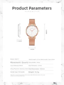 Spécifications du montre à quartz or rose avec bracelet en maille et cadran de 32 mm