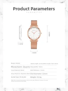 Detailed specs of rose gold mesh strap watch with 32mm minimalist white dial and quartz movement