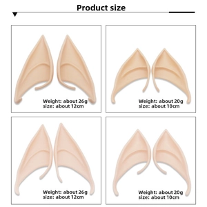 Size chart showing 10cm and 12cm cosplay elf ears with weights for Halloween props