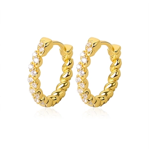 Elegant S925 sterling silver gold twisted hoop earrings with sparkling zircon stones