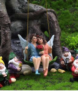 Micro landscape fairy garden miniatures with angel couple on swings and tiny gnomes figurines