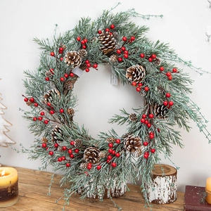 Christmas Wreath Artificial Frosted Pine Needles Natural Pine Cones Red Berries Front Door Wall Hanging Decor Ornament