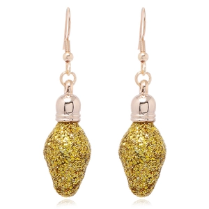 Detail view of light bulb shaped earrings with festive golden glitter and rose gold hooks