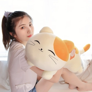 Cute long cat plush pillow in cream and orange, shown held by a person in soft sunlight