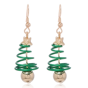 Festive spiral Christmas tree earrings with golden stars and hooks on white background