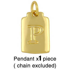 Macro shot of gold rectangular pendant featuring a 3D embossed letter P on white background