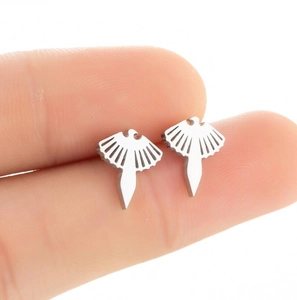 Minimalist stainless steel flying bird stud earrings with brushed metallic texture