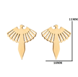 Detail showing dimensions of minimalist gold bird stud earrings, 11mm height by 10mm width