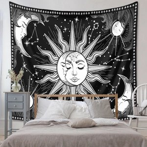 Bohemian sun and moon tapestry in black and white for aesthetic bedroom wall decor