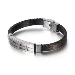 Minimalist leather ECG heartbeat bracelet with stainless steel clasp for men and women