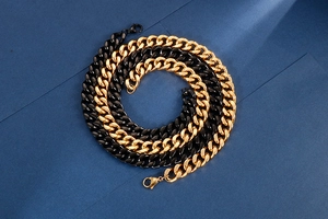 Detail of interlocking gold and black punk chain necklaces with lobster clasps