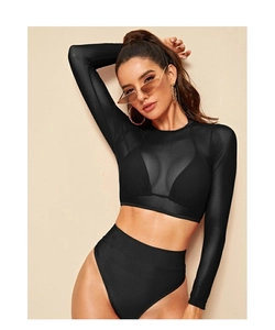 Detail of black mesh long sleeve cover-up with high waist bikini bottom and bandeau top