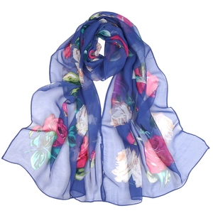 Blue floral silk scarf with pink and white roses made of lightweight georgette fabric