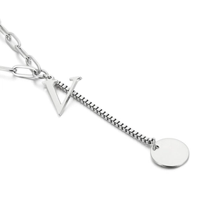 Silver V-shape letter necklace with round tag and elegant combined chain for women
