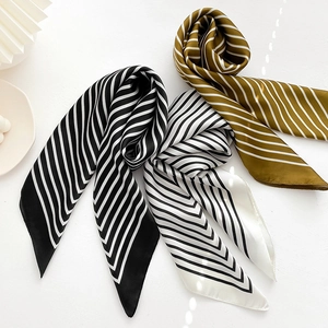 Striped retro 70cm silk-like fashion scarf in black, white and olive green