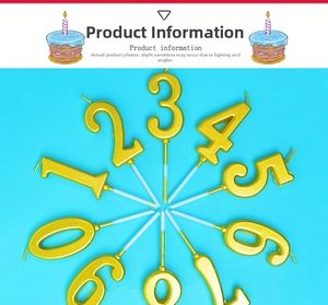 Detailed view of golden 0-9 number birthday candles set with sticks on blue backdrop