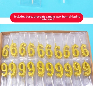 Detail view of gold birthday candles with holders in protective PVC packaging