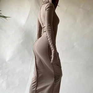 Slim fit brown hooded maxi dress with long sleeves and exposed seam details for women