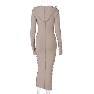 Back view of slim fit long sleeve hooded dress with contrast stitching and raw hem details
