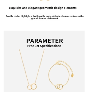 Detail view of gold double interlocking circle necklace and bracelet set with extension chain