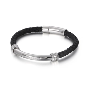 Men's black braided leather bracelet with silver polished metal and inlaid diamonds