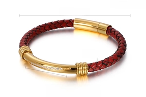 Close-up of red braided leather bracelet with diamond-set stainless steel tube and magnetic clasp