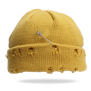 Distressed Beanie Hat With Metal Rings And Safety Pin Acrylic Knitted Punk Hip Hop Skull Cap For Men Women
