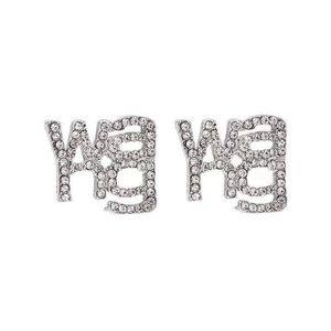 Silver WG letter stud earrings with sparkling rhinestones in a minimalist luxury design