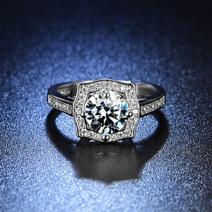Detailed close-up of S925 sterling silver ring with brilliant round moissanite stone