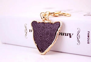 Macro shot of gold leopard head keychain back with black texture and side rhinestones