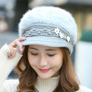 Women's winter rabbit fur beret with knit brim, pearl flowers and fleece texture
