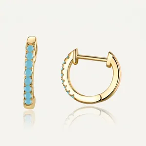 925 Sterling Silver Gold Plated Hoop Earrings featuring round light blue gemstones