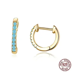 925 Sterling Silver Gold Plated Hoop Earrings featuring round light blue gemstones