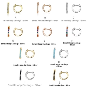 Detailed grid of 925 sterling silver huggie earrings with colorful gemstones and zircon