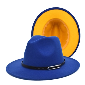 Close-up of blue fedora with yellow lining, black leather band and metal buckle