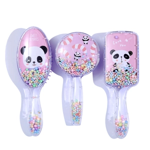 Three cute transparent cartoon hairbrushes with pink panda patterns and colorful beads