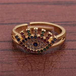 Close-up of gold Evil Eye open ring featuring vibrant multi-color zircon stone settings