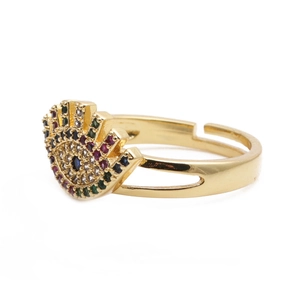 Adjustable golden evil eye ring with colorful micro-inlaid zircon crystals on white background