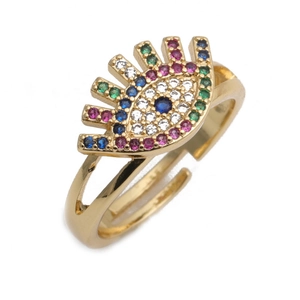 Exotic golden adjustable open ring with evil eye design and multicolor zircon stones