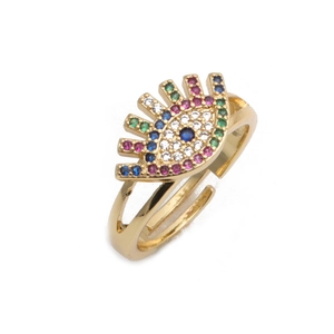 Adjustable golden evil eye ring with colorful micro-pave cubic zirconia stones