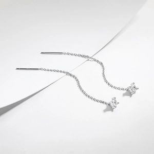 Minimalist S925 sterling silver chain earrings with square cubic zirconia on white background